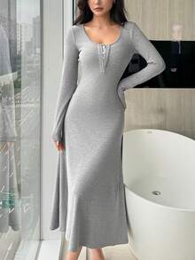 DAZY Faux Placket Design Slim Fit Long Knit Loungewear Dress - Grey - View 3
