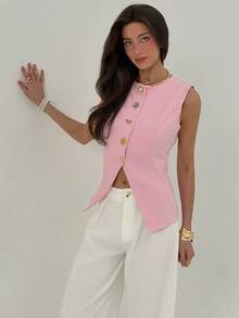 Aloruh 女士金属单排扣休闲薄款马甲外套 - 粉色 - 查看 5