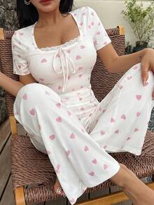 SHEIN Heart Print Contrast Lace Trim Slim Fit Short Sleeve Women Pajama Set - Blue - View 1