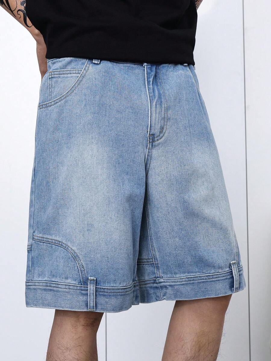 Manfinity Hypemode Summer Distressed Blue Washed Loose Straight Leg 5-Pocket Denim Shorts - Blue - View 1
