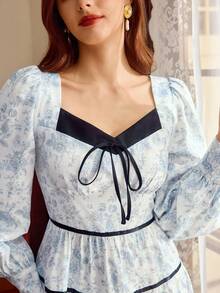 Vintamour Vintage Classic Elegant Women's Dress, Contrast Color Trim Bow Dress, Floral Print Dress, Long Sleeve Dress, Blue & White Flower Dress, Flared Hem Dress Cottagecore Dress French Style Dress Victorian Vintage Style Dress Lolita Dress Spring Outfit Women Spring Dress For Women Valentine's Day Outfit Party Dress Wedding Guest Dress For Women - Blue and White - View 3
