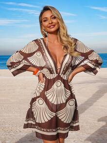 Swim Lushoire Women's Spring/Summer Beach Dress, Floral Print V-Neck Waist Cinched Vacation Dress, Cover-Up Set Bathing Suits With Coverup Swimwear Coverups Beach Vacation Dress Bikini Cover Up Dress Beach Coverup Women - Coffee Brown - View 4