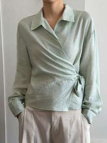 Livesso 女士纯色翻领系腰落肩长袖休闲衬衫 - 綠色 - 查看 4