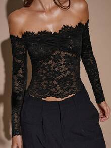 SHEIN Tall CURVE Áo dài tay xuyên thấu phối ren, màu trơn, trễ vai dành cho nữ cỡ lớn - màu đen - Xem 8