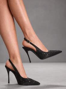 CUCCOO SZL Giày cao gót mũi nhọn khoét rỗng đính đá lấp lánh dành cho nữ, thích hợp cho đi làm, hẹn hò, dự tiệc, du lịch và các dịp khác trong dịp Giáng sinh. - màu đen - Xem 3