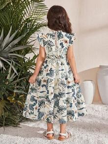 SHEIN Young Girl Ditsy Floral Sleeveless Ruffle Collar Chiffon Dress - Beige - View 2