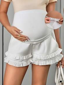 Momance Maternity Shorts With Ribbed Waistband, Faux Fly Button Decor, Pockets, Ruffle Hem, Double Layer Design - White - View 3