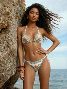 CAJUNI 白色夏季针织修身三角挂脖上衣，系带可调节，低腰侧系带比基尼泳裤，刺绣花卉图案，波西米亚风沙滩装，度假泳装，复古花卉沙滩风，适合泳池派对和夏季假期，夏季度假装，春季服装，情人节，狂欢节服装，女士狂欢节服装，沙滩装，女士度假装，女士休闲装，派对装。 - 米色 - 查看 5