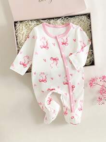 SHEIN 新生女宝宝可爱蝴蝶结印花针织柔软休闲圆领长袖连体衣，柔软舒适，适合情人节服装和礼物 - 粉色 - 查看 3