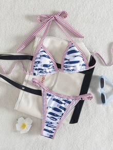 Swim Mod 女士时尚性感数码印花挂脖系带超三角比基尼上衣和可调节侧三角泳裤比基尼套装，春夏款 - 彩色 - 查看 1