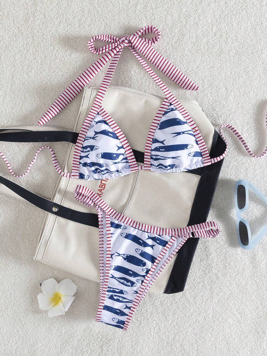 Swim Mod 女士时尚性感数码印花挂脖系带超三角比基尼上衣和可调节侧三角泳裤比基尼套装，春夏款 - 彩色 - 查看 1