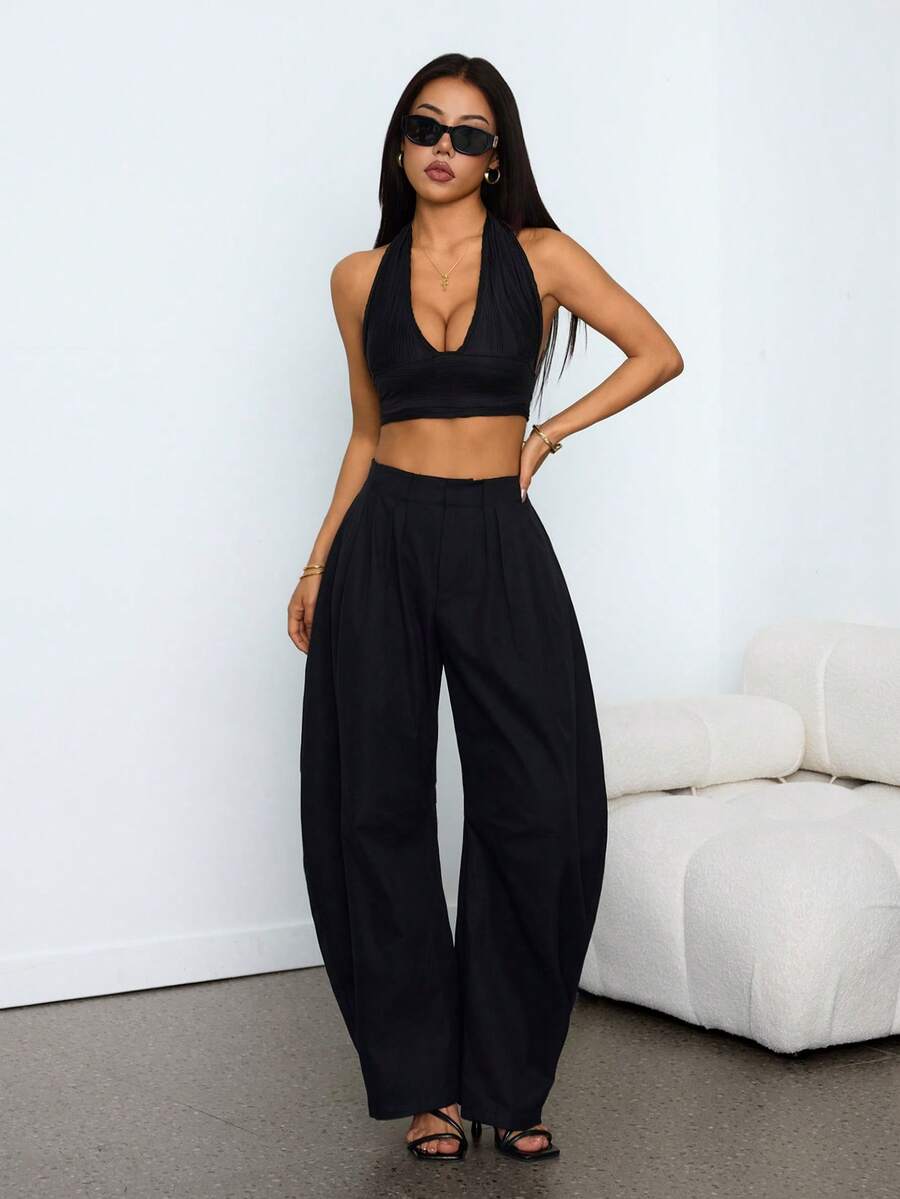 SHEIN PETITE 性感黑帮妻子派对基本款纯色炭灰色褶皱宽松筒裤