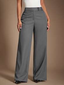 Radiana Pantalones rectos de cintura alta de color gris, de estilo minimalista y moderno, para mujer. Pantalones de cintura alta, pantalones casuales holgados, pantalones de pierna ancha, ropa de mujer de negocios casual, elegante estilo retro vintage, ropa minimalista urbana y cómoda, adecuada para salidas diarias, oficina, negocios, viajes y ocasiones formales. - Gris - Ver 2