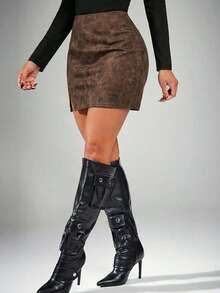 Radiana Women's Vintage Style Split Hem Skirt, Summer - Coffee Brown - View 5