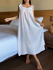 DAZY Ditsy Floral Square Neck Wide Strap Ruffle Hem Long Women Nightgown - Blue - View 3