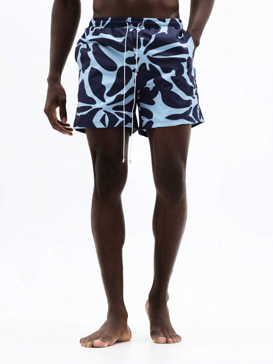 SUMWON Tropical Leaf Print Swim Trunks With Elastic Waistband And Side Pockets For Beach Vacation Summer Swimming - Blue - View 1