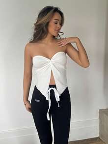 RebeccaVibe 1 件女式杏色纹理针织扭纹前部不对称下摆吊带背心，度假风格 - 杏色 - 查看 1