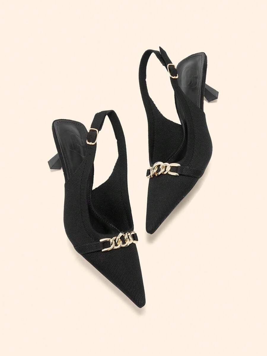 CUCCOO BASICS Zapatos de mujer con cadena metálica, hebilla, cómodos, de punta puntiaguda y tacón bajo sin talón, adecuados para ir al trabajo, vacaciones y diversas ocasiones - Negro - Ver 1