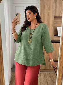 Weeklong 大码亚麻质感七分袖衬衫 - 圆领，双层下摆，宽松版型，休闲春夏衬衫 - 綠色 - 查看 3