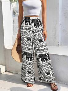 SHEIN Frenchy 休闲大象印花宽松裤 - 杏色 - 查看 3