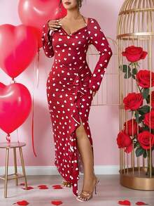 Elenzga Đầm dài tay dáng lệch vạt in hình trái tim cỡ lớn - Đỏ - Xem 1