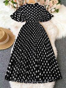 Franclia Plus Size Polka Dot Ruffle Hem Tie-Waist Dress - Black and White - View 2