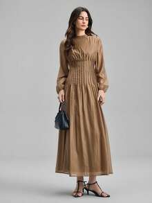 Ontre 2026春夏新款棕色纯色收腰长裙，优雅女装，外套，办公装，女士套装，教师制服，夜店装，冬季服装，女士商务休闲装，复古风，休闲街头风，情人节及狂欢节服装，女士沙滩及派对优雅连衣裙 - 棕色 - 查看 3