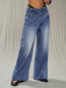 TRNVIE 女士休闲时尚街头风低腰纽扣宽松阔腿二合一牛仔裤 - 藍色 - 查看 6