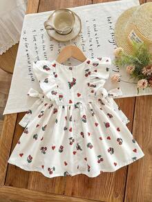 LMoss Kids Baby Girl Cherry Print Ruffle Trim Round Neck Casual Dress - Multicolor - View 2