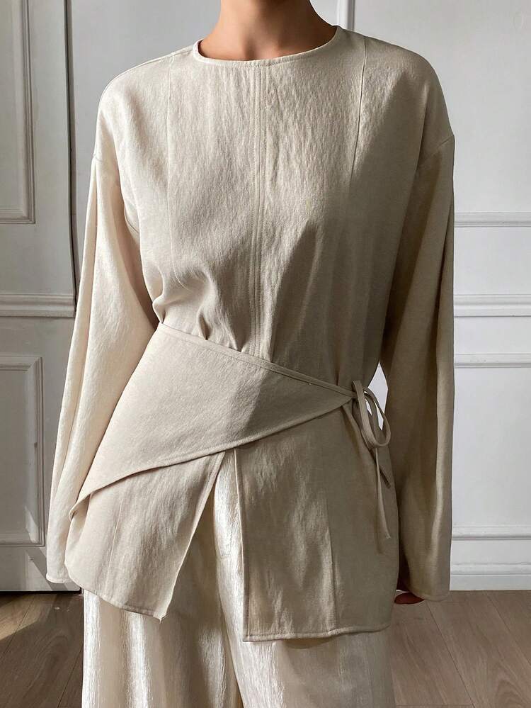 Women's Solid Color Loose Crew Neck Pullover Shirt With Scarf Set, Elegant And Formal, Spring/Autumn