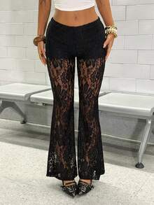 SHEIN DivaQ 女士黑色蕾丝性感休闲Y2K亚文化街头风喇叭裤，春夏款 - 黑色 - 查看 4