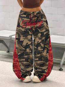 StreetHx Women's Green Camouflage Pattern, Red Vintage Embroidered Letter, Side Red Ribbon Decor Streetwear Punk Rock Casual Oversized Flared Leg Pants - Multicolor - View 6
