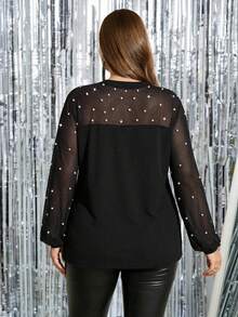 SHEIN Clasi 大码女式优雅通勤珍珠装饰网纱拼接上衣，情人节生日外出上衣，优雅度假夏季假日派对上衣，春季嘉年华狂欢节服装派对优雅黑色亮片上衣，闪光上衣，嘉年华服装上衣 - 黑色 - 查看 3