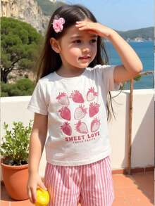 2件套，适合4-7岁女童，可爱草莓字母印花圆领短袖上衣+粉白条纹短裤，轻薄面料，可爱休闲短袖短裤套装，夏季服装 - 彩色 - 查看 4