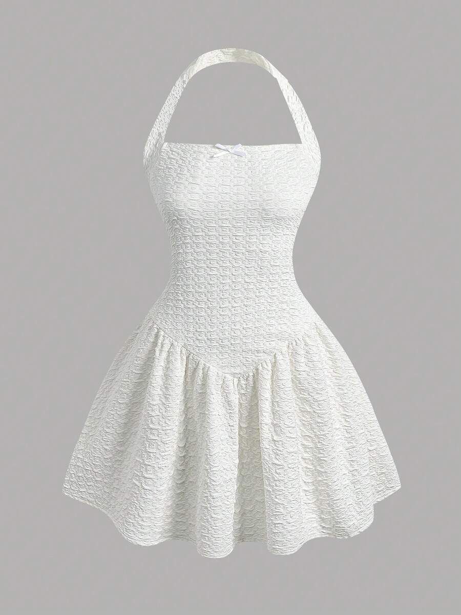 Girlism Teen Girls Knitted Textured Jacquard Spaghetti Strap Snug Fit Fit Flared Hem Casual Sweet Party Clubwear Mini Dress - Apricot - View 1