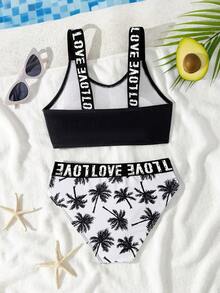 女孩们喜欢这款丝带黑色椰子树印花泳衣，沙滩度假运动泳装 - 黑色 - 查看 2