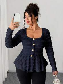 Elenzga Plus Size Women's New Spring/Summer/Autumn Casual Commute Travel Shirt, Textured Fabric Asymmetric Hem Bell Sleeve Side Metal Decor Design, Autumn - Navy Blue - View 1