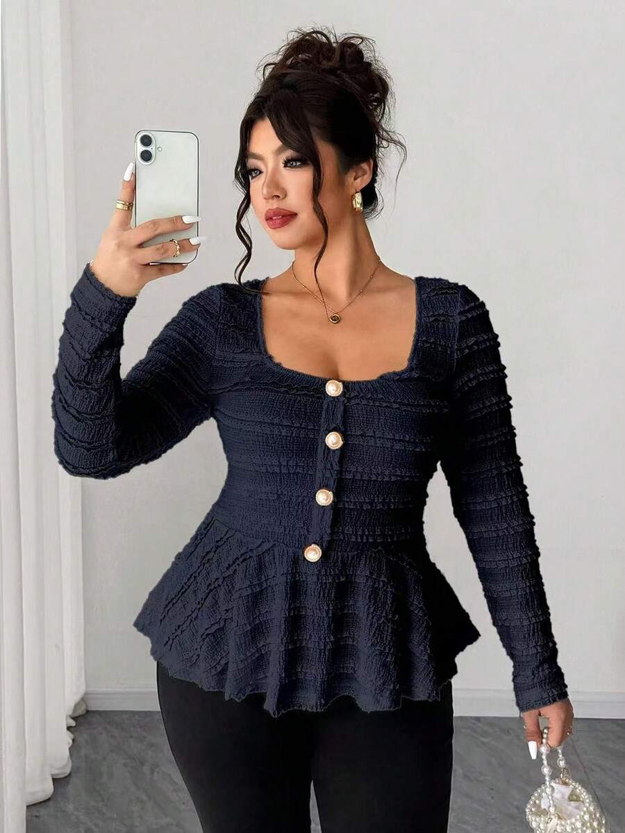 Elenzga Plus Size Women's New Spring/Summer/Autumn Casual Commute Travel Shirt, Textured Fabric Asymmetric Hem Bell Sleeve Side Metal Decor Design, Autumn - Navy Blue - View 1