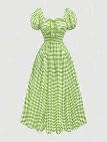 Sweetra Đầm ngắn tay phồng, eo thon, họa tiết kẻ caro, trang trí nơ, dành cho nữ, cỡ lớn. - màu xanh lá - Xem 3
