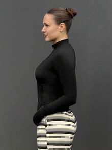 Kuleshova 女士纯色前拉链长袖简约休闲夹克 - 黑色 - 查看 5