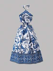 SHEIN 夏季少女碎花印花露背高开衩镂空腰部沙滩长裙 - 藍色 - 查看 5