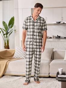 CoupledUp Plaid Print Men's Short Sleeve Pajama Set With Collar - Multicolor - View 2