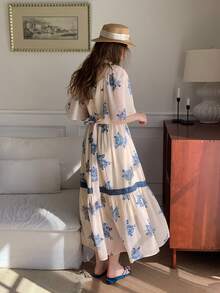 DAZY 少女印花方领荷叶袖撞色蕾丝收腰度假沙滩连衣裙，夏季