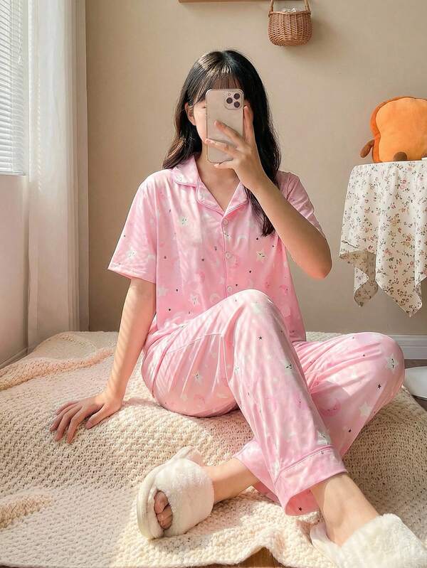 2pcs/Set Teen GirlLotus Root Color Cute Star & Moon Cardigan Short Sleeve & Pants Pajama Set, Cartoon All-Over Print Soft & Comfortable Flame Retardant Knit Teen GirlSleepwear Set