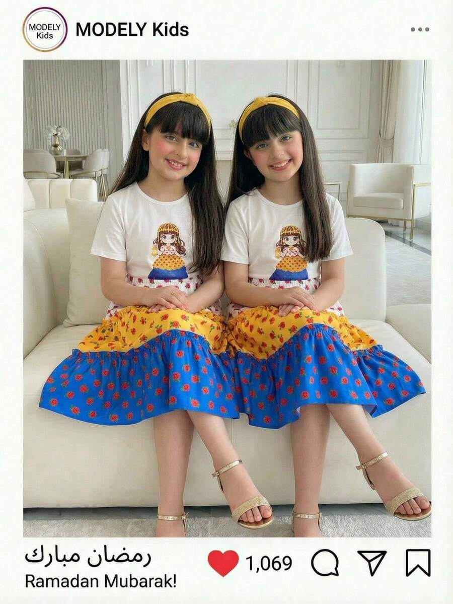 这是两套女童服装。每套包含一件短袖圆领上衣(图案专为小女孩设计)和一条A字型松紧腰裙。上衣有黄色、白色和蓝色三种颜色可选,并饰有玫瑰图案。这两件套非常适合女孩日常休闲穿着,也适合夏季度假穿着。 - 彩色 - 查看 1