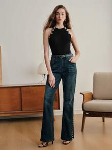 Anewsta Elegant Metal Buckle Knit Camisole, Versatile Sleeveless Spaghetti Strap Sexy Party Top, Black - Black - View 5