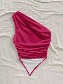 Soleia 女士玫瑰红不对称下摆不对称肩部上衣，夏季度假 - 彩色 - 查看 2