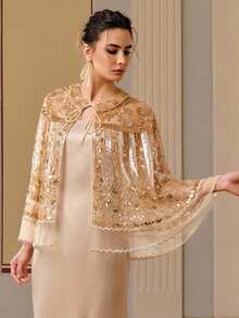 Anewsta Women's New Elegant Party Beaded Tie Shawl, Gold - Apricot - View 3