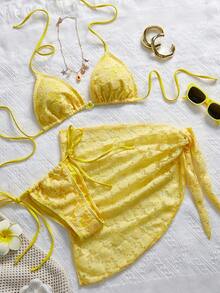 Swim Mod Bộ bikini nữ mùa hè mới, kiểu dáng thời trang, ngọt ngào, dễ thương, phối ren và họa tiết hoa, kèm áo khoác ngoài cùng màu, gồm 3 mảnh, áo tam giác hở lưng và váy. - Màu vàng - Xem 3