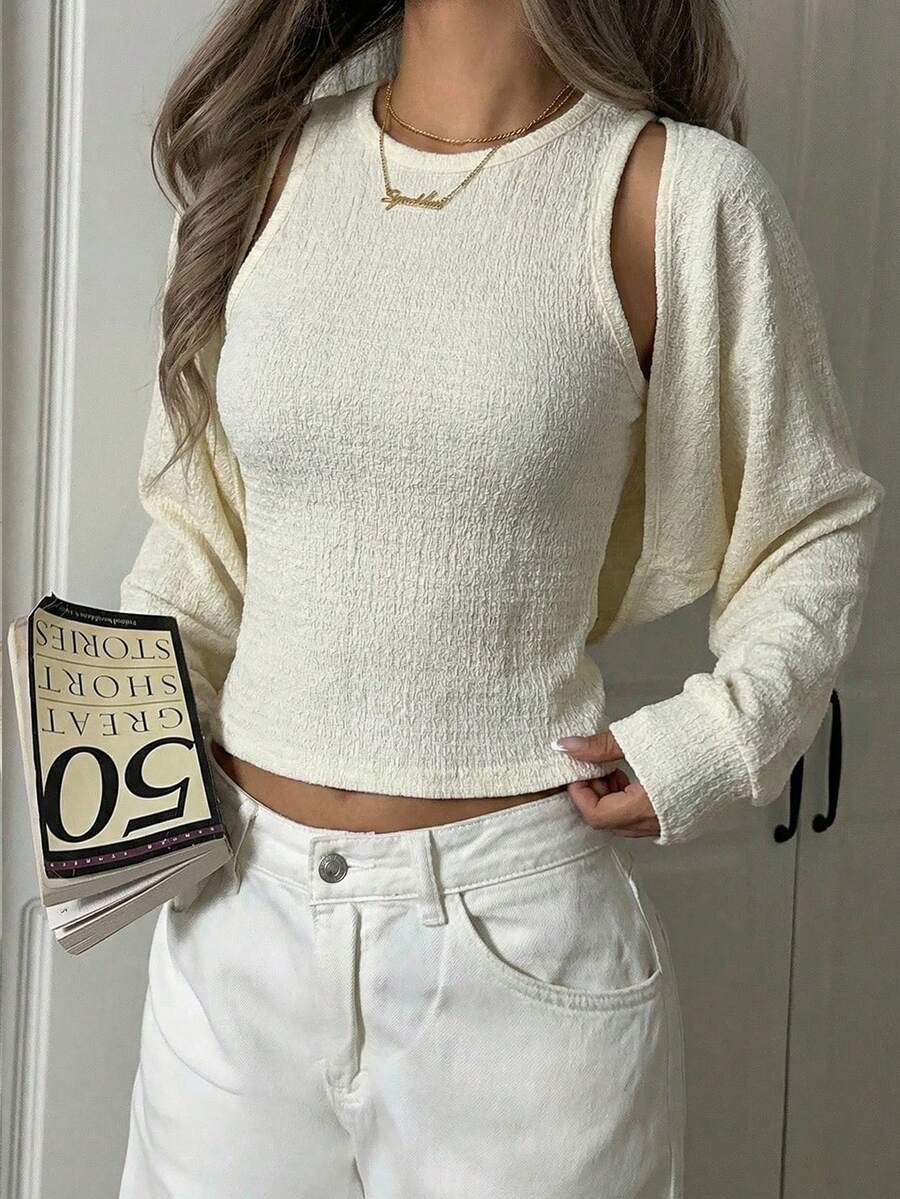 Aidyla Women's Autumn Knitted Apricot Textured Vest & Bolero Shrug Top, Casual Korean Style Top For Date Casual Apricot Women's Rib-Knit Long Sleeve Top With Round Neck And Regular Hem Women's Casual Apricot Rib-Knit Round Neck Regular Length Top With Regular Wrist-Leng - Apricot - View 1